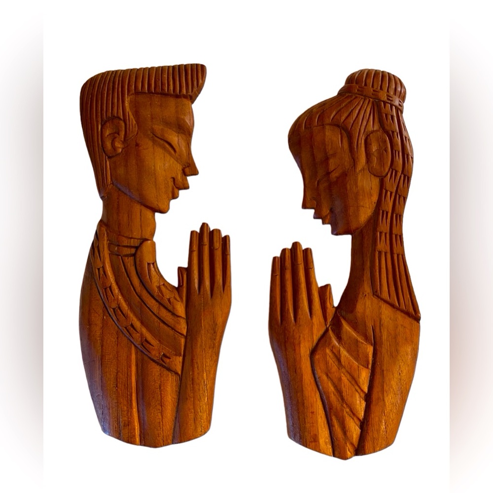 Vintage Witco Mid-Century Asian Teak Carved Framed Silhouette Praying Man/Woman